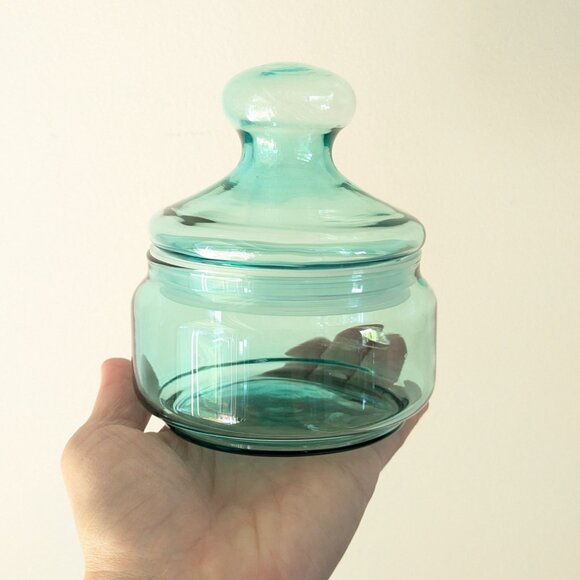 Vintage 2 LUMINARC aqua blue glass storage jars, Coastal FRENCH apothecary jars - Picture 3 of 6